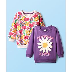 Babyhug Cotton Knit Full Sleeves Floral Printed Sweatshirts Pack of 2 - Purple & White