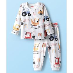 Babyhug Cotton Knit Full Sleeves Co-Ord Night Suit with Vehicle Print - White