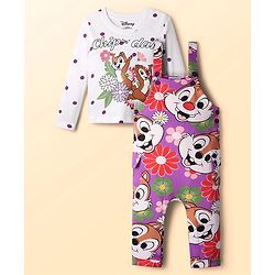 Babyhug Disney Single Jersey Knit Full Sleeve T-Shirt & Dungaree Set with Chip n Dale Graphic - Lilac & White