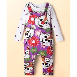 Babyhug Disney Single Jersey Knit Full Sleeve T-Shirt & Dungaree Set with Chip n Dale Graphic - Lilac & White