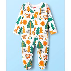 Babyhug Cotton Knit Full Sleeves Footed Sleepsuit With Animal Print - White