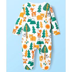 Babyhug 100% Cotton Knit Full Sleeves Footed Sleepsuit With Animal Print - White