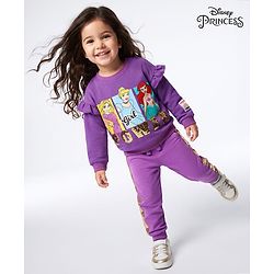 Babyhug Disney 100% Cotton Knit Full Sleeves Sweatshirt & Lounge Pant With Disney Princess Graphic With Reverse Sequin & Badge - Purple