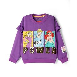 Babyhug Disney 100% Cotton Knit Full Sleeves Sweatshirt & Lounge Pant With Disney Princess Graphic With Reverse Sequin & Badge - Purple