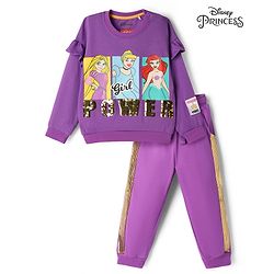 Babyhug Disney 100% Cotton Knit Full Sleeves Sweatshirt & Lounge Pant With Disney Princess Graphic With Reverse Sequin & Badge - Purple