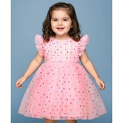 Babyhug Woven Mesh Frill Sleeves Fit & Flare Party Dress with Polka Dot Print - Peach
