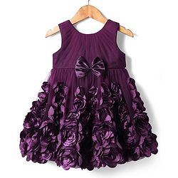 Babyhug Mesh 3D Flower Detailing Sleeveless Party Dress With Bow & 5 Layers With Cotton Lining - Purple