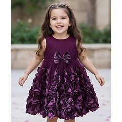 Babyhug Mesh 3D Flower Detailing Sleeveless Party Dress With Bow & 5 Layers With Cotton Lining - Purple