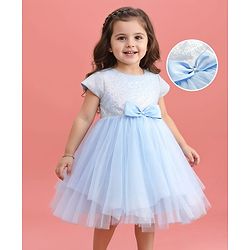 Babyhug Mesh Woven Cap Sleeves Flared Partywear Dress With Sequins On Yoke - Light Blue