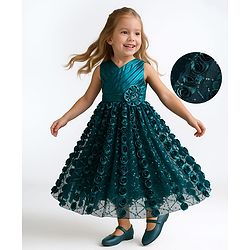 Babyhug Woven Sleeveless Party Gown With 3D Floral Applique - Teal Blue