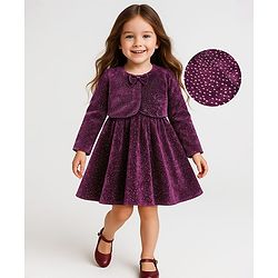 Babyhug Woven Shimmered Party Dress & Full Sleeves Shrug With Bow Applique - Wine