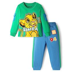 Babyhug Disney Single Jersey Knit Full Sleeves T-Shirt & Lounge Pant Set with Lion King Graphic and Badge Detailing - Green & Blue