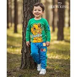 Babyhug Disney Single Jersey Knit Full Sleeves T-Shirt & Lounge Pant Set with Lion King Graphic and Badge Detailing - Green & Blue
