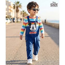 Babyhug Disney Single Jersey Knit Full Sleeves Dungaree & Tee With Mickey Mouse Print - Navy Blue