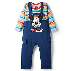 Babyhug Disney Single Jersey Knit Full Sleeves Dungaree & Tee With Mickey Mouse Print - Navy Blue