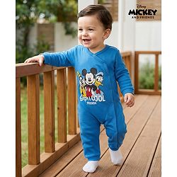 Babyhug Disney Interlock Knit Full Sleeves Rompers with Mickey Mouse & Friends Print - Blue