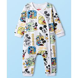 Babyhug Disney Interlock Knit Full Sleeves Rompers with Mickey Mouse & Friends Print - White