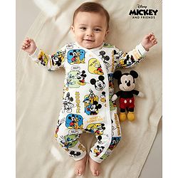 Babyhug Disney Interlock Knit Full Sleeves Rompers with Mickey Mouse & Friends Print - White