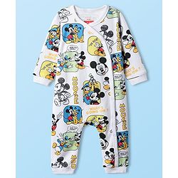 Babyhug Disney Interlock Knit Full Sleeves Rompers with Mickey Mouse & Friends Print - White