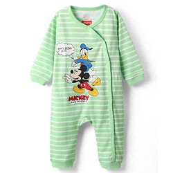 Babyhug Disney Interlock Knit Full Sleeves Romper with Mickey Mouse & Friend Print & Stripe Design - Green
