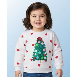 Babyhug Cotton Knit Full Sleeves Sweatshirt With Heart Print & Tree Applique - White