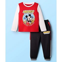 Babyhug Disney Single Jersey Knit Full Sleeves T-Shirt & Joggers Set with Mickey Mouse Graphic - Red White & Black