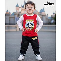 Babyhug Disney Single Jersey Knit Full Sleeves T-Shirt & Joggers Set with Mickey Mouse Graphic - Red White & Black