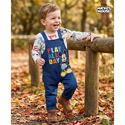Babyhug Disney Single Jersey Knit Full Sleeves Dungaree & Tee With Mickey Mouse Graphics - Navy Blue & White