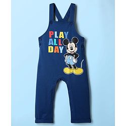 Babyhug Disney Single Jersey Knit Full Sleeves Dungaree & Tee With Mickey Mouse Graphics - Navy Blue & White