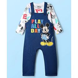 Babyhug Disney Single Jersey Knit Full Sleeves Dungaree & Tee With Mickey Mouse Graphics - Navy Blue & White