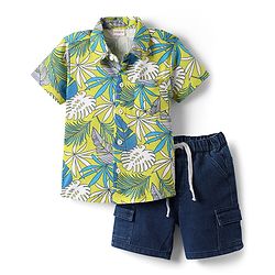 Babyhug Single Jersey Knit Half Sleeves Shirt & Shorts Set with Tropical Print - Green & Navy Blue