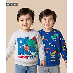 Babyhug Cotton Knit Full Sleeves Pullover Sweatshirts with Dino Graphic Pack of 2 - Navy Blue & Light Grey