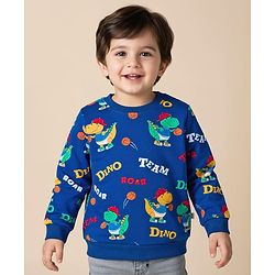 Babyhug Cotton Knit Full Sleeves Pullover Sweatshirts with Dino Graphic Pack of 2 - Navy Blue & Light Grey