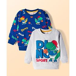 Babyhug Cotton Knit Full Sleeves Pullover Sweatshirts with Dino Graphic Pack of 2 - Navy Blue & Light Grey
