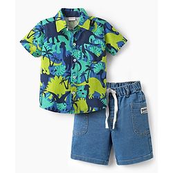 Babyhug Single Jersey Knit Half Sleeves Shirt & Shorts Set with Dino Print - Green & Navy Blue