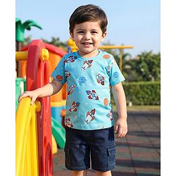 Babyhug Single Jersey Knit Half Sleeves T-Shirt & Shorts Set with Space Print - Light Blue & Navy Blue