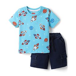 Babyhug Single Jersey Knit Half Sleeves T-Shirt & Shorts Set with Space Print - Light Blue & Navy Blue