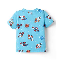 Babyhug Single Jersey Knit Half Sleeves T-Shirt & Shorts Set with Space Print - Light Blue & Navy Blue
