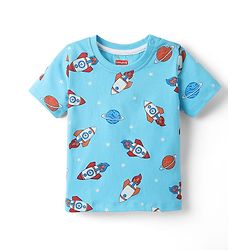 Babyhug Single Jersey Knit Half Sleeves T-Shirt & Shorts Set with Space Print - Light Blue & Navy Blue