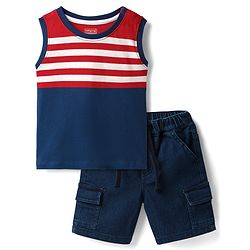 Babyhug Single Jersey Knit Sleeveless Tank T-Shirt & Shorts Set with Stripes- Red & Navy Blue