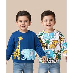 Babyhug Cotton Knit Full Sleeves Animal Printed Sweatshirts Pack of 2 - Blue & White