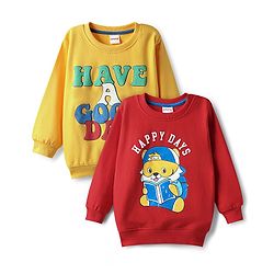Babyhug Cotton Knit Full Sleeves Text & Animal Printed Sweatshirts Pack of 2 - Red & Yellow