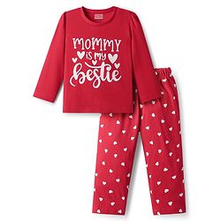 Babyhug Cotton Knit Full Sleeves Night Suit with Heart Print - Red