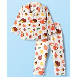 Babyhug Cotton Knit Full Sleeves Co-Ord Night Suit With Squirrel & Porcupine Print - White