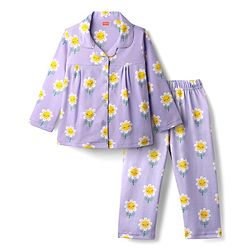 Babyhug Cotton Knit Full Sleeves  Front Open Co-Ord Night Suit with Sunflower Print - Lavender
