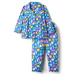 Babyhug Cotton Knit Full Sleeves Floral Printed Front Open Co-Ords Night Suit - Blue
