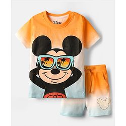 Babyhug Disney Single Jersey Knit Half Sleeves Ombre T-Shirt & Shorts With Mickey Mouse Graphics - Orange