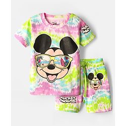 Babyhug Disney Single Jersey Knit Drop Shoulder Half Sleeves Co-ord Tie and Dye T-Shirt & Shorts With Mickey Mouse Graphics - Multicolor