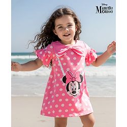 Babyhug Disney Single Jersey Knit Half Sleeves Dress with Minnie Mouse Applique and Graphics - Pink
