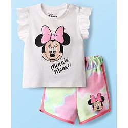 Babyhug Disney Single Jersey Knit Frill Sleeves T-Shirt & Shorts With Minnie Mouse Graphics - White & Pink